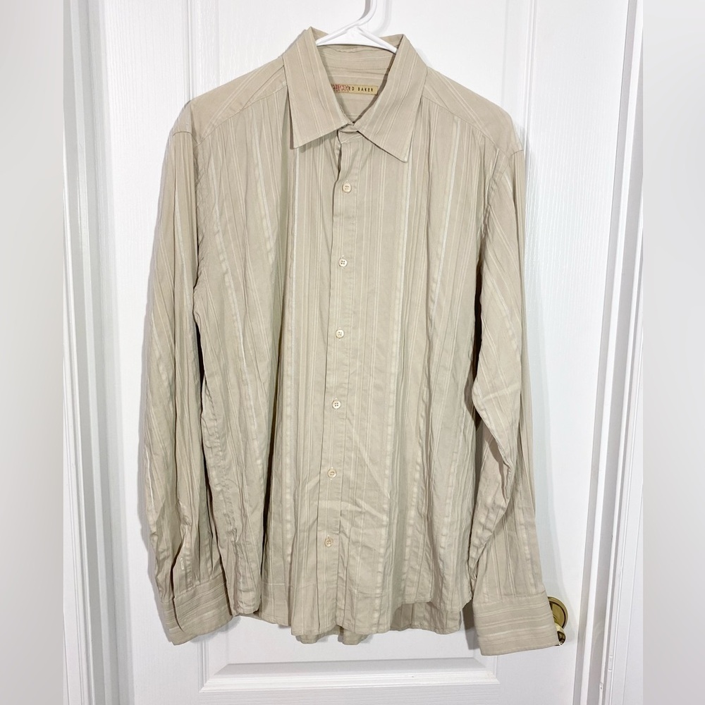 Y2K Ted Baker Textured Stripe Button Up Shirt Vintage Portugal Beige Men’s 4 / L